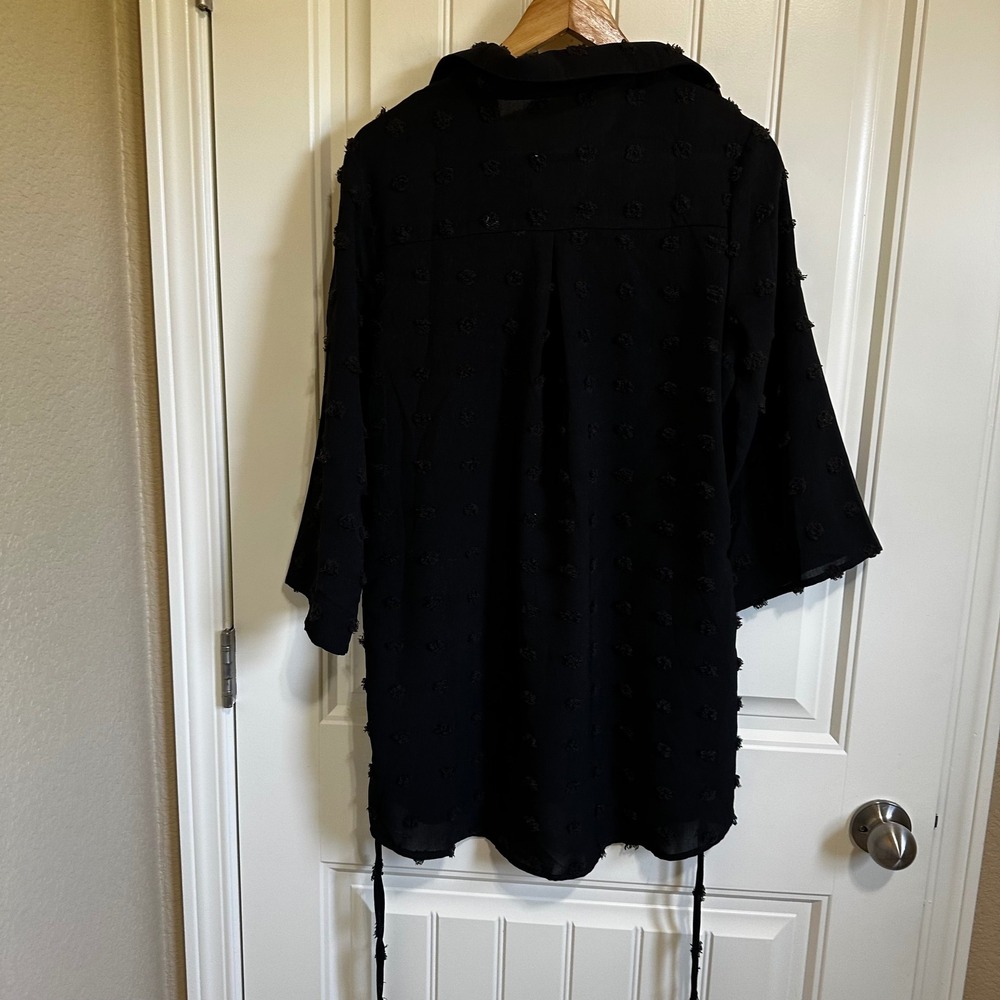 Black Tunic Shirt Dress Pom Pom Detail 3/4 Sleeve Lightweight S swim coverup - Picture 6 of 8
